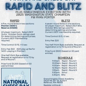 National Chess Day prize breakdown flyer — $1,000 Rapid and $500 Blitz prize funds, FM Ryan Porter simultaneous exhibition, and puzzle solving competition, October 10, 2026, Grand Knights Chess Academy and Des Moines Chess Club